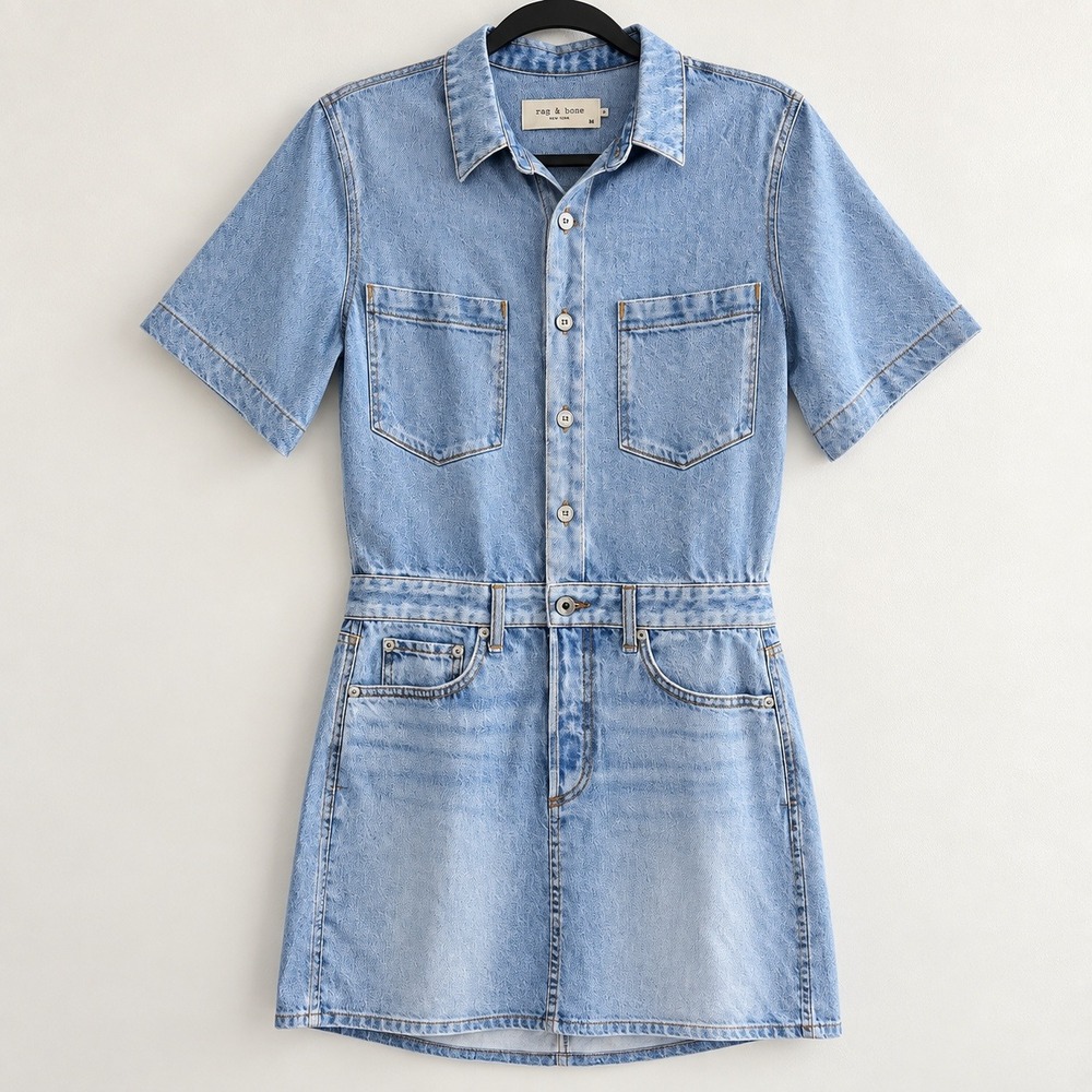 Rag & Bone Denim Dress Women Medium Blue Tencel Short Sleeve Mini Button Front